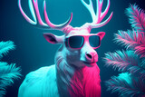 Modern Christmas composition made from Neon cyberpunk futuristic portrait in pop art style of white reindeer with large strong horns and modern ski goggles. Purple lights.