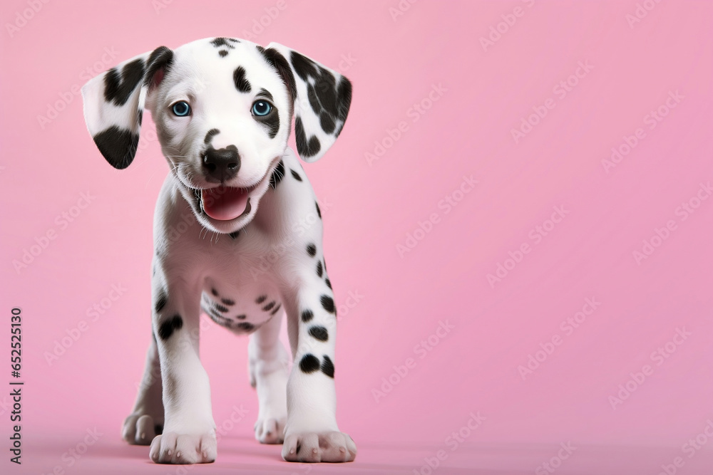 Creative composition of a smiling cute little dalmatian dog puppy, symbol of love. Pastel, dog, animal concept on pink  background. With space for writing, copy writing
