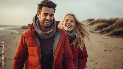 Happy young couple at the beach during the winter #652525541