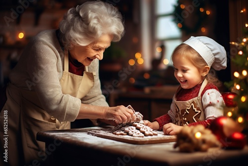 grandmother is baking christmas cookies with a little girl, in winter