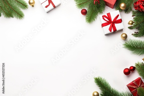 Christmas and New Year holiday background. Christmas gifts, pine branches, fir cones on white background. Top view. Flat lay. Frame, banner, website, Copy Space for text