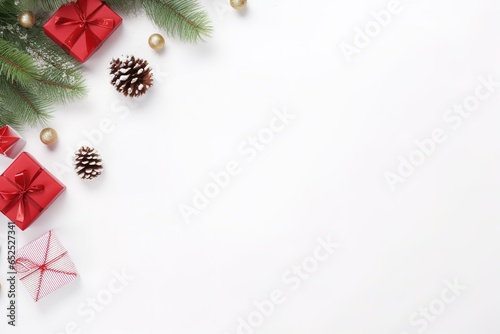 Christmas and New Year holiday background. Christmas gifts, pine branches, fir cones on white background. Top view.  Flat lay. Frame, banner, website, Copy Space for text