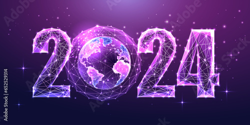 2024 metaverse world futuristic concept banner on dark purple backgroun. Modern vector illustration