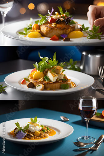 Generate a stock image depicting a beautifully plated dish from a restaurant menu. Ensure the lighting, focus, and composition are perfect to make the food look utterly appetizing.
