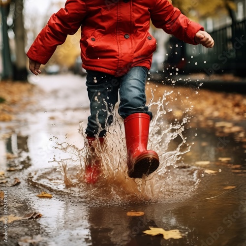 Happy Child Splashing in Puddles photo