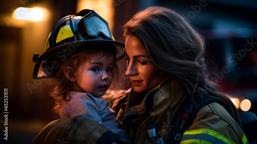 A brave female firefighter cradles a rescued child, gifting her own rescue helmet for bravery.
