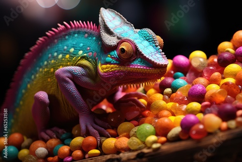 Chameleon on a background of multi-colored dragee candies. Candy store, breakfast cereal © Alesia