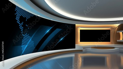 Tv studio. News room. Studio Background. Newsroom bakground. Backdrop for any green screen or chroma key video production. Loop. 3D rendering. 