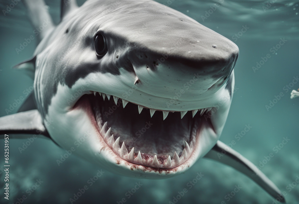 Fototapeta premium Great white shark with open jaws. Shark attack underwater view, close up. Ocean big fish generated by AI