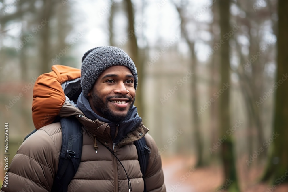 black man walking through the forest with a backpack black man walking through the forest with a backpack