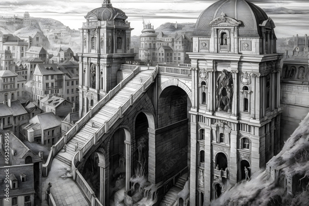 Obraz premium Intricate Gravure Cityscape: Generative AI Artwork