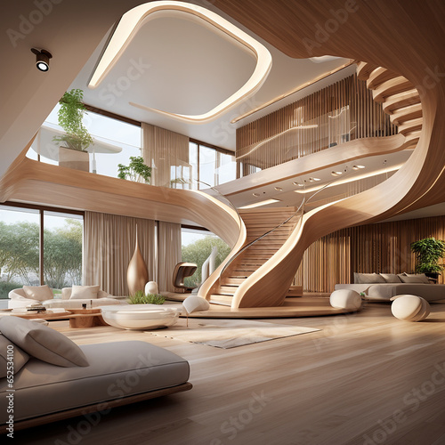 escalier tournant en bois clair dans un salon luxueux - IA Generative