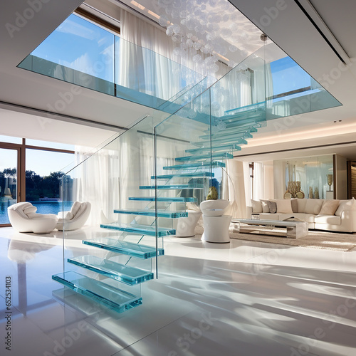 salon d'une maison luxueuse avec un escalier en verre -  IA Generative photo