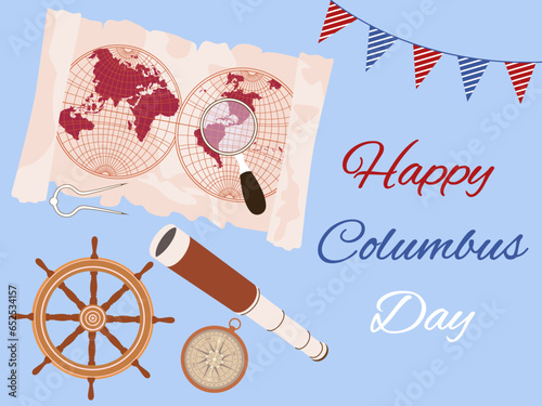 Happy Columbus Day. Symbols of a ship's journey are a compass, a map, a telescope, and a ship's rudder. Vector illustration on a blue background.