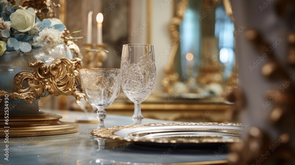 In a tranquil corner, a goldenhued baroque mirror reflects the opulent surroundings, revealing an ornate dining area where handpainted porcelain plates, gleaming silver lery, and delicate
