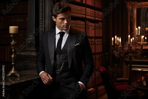 Embracing the timeless allure of the mansions sumptuous library, a refined man empowers his classic ensemble with a touch of rebellion, donning a velvet tuxedo jacket of vibrant hue, merging © Justlight