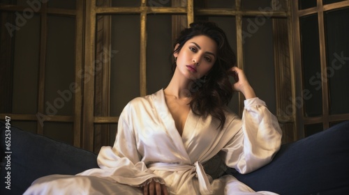 Amidst luxurious surroundings, a starlet sits gracefully, dd in a silk robe, relishing the screening of their latest film, its exquisite cinematography transporting them to a world