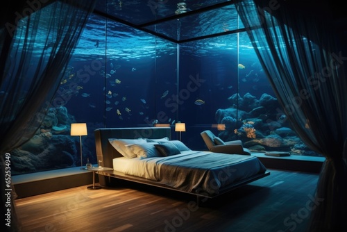 The ethereal glow of a massive saler aquarium envelops a luxuriously oversized master bedroom, where a plush, satindd canopy bed awaits respite for the discerning traveler. photo