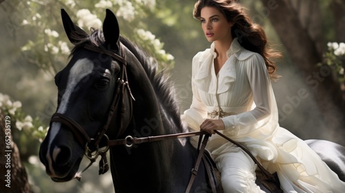 A serene vision of elegance, a voguish equestrienne engrossed in a blissful horseback ride, cascading through a serene landscape like a divine painting.
