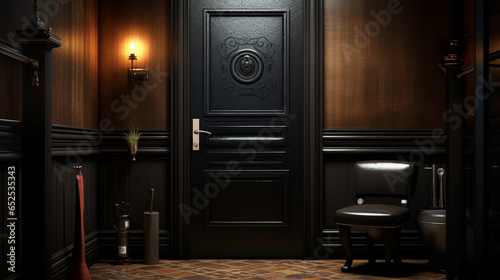 3d rendering of classic black interior with black door and chair.