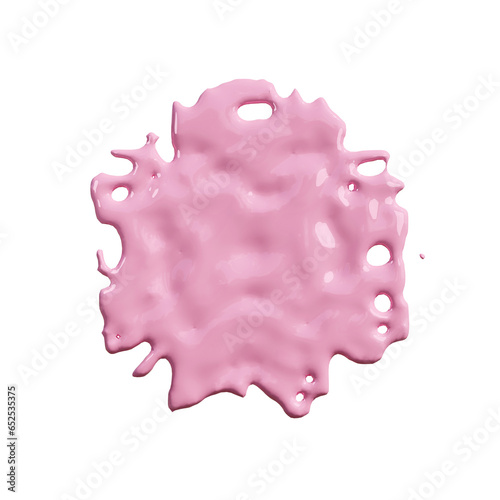 Pink spot of liquid on a white background. A drop of strawberry yogurt or chewing gum. A smear of pink paint with splashes. 3d render
