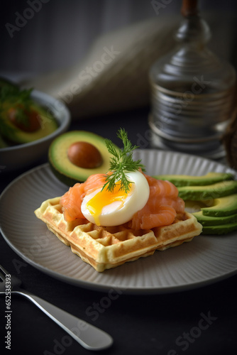 Waffles with avocado, salmon and poached eggs, side view. Generative AI