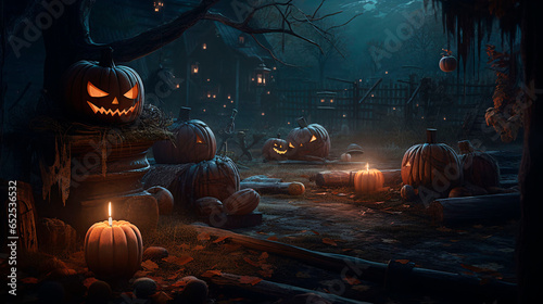 Halloween background. Halloween wallpaper with pumpkins, spooky houses and ghosts. Generative AI