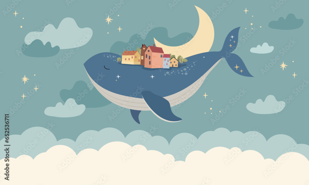 Children graphic illustration for nursery wall. Wallpaper design for kids room interior. Vector illustration with fantasy magic city on the back of whale flying in the sky