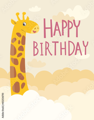 Happy birthday card with cute giraffe  in the clouds. Vector cartoon illustra...
