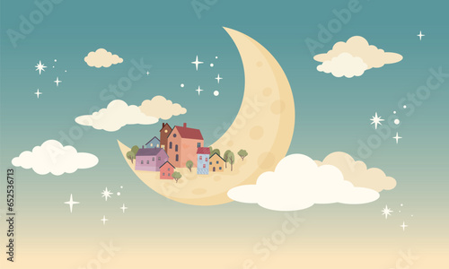 wallpapersChildren graphic illustration for nursery wall. Wallpaper design for kids room interior. Vector illustration with moon and fantasy magic city in the sky nursery_moon
