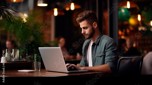 young businessman working with laptop in cafe