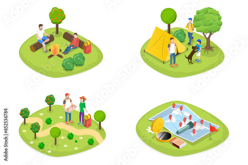 3D Isometric Flat  Set of Trail Adventures  Tourist Camping or Trekking Activity