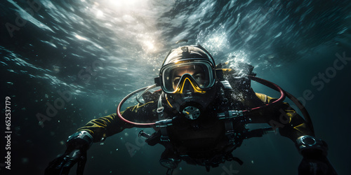 scuba diver underwater portrait, cinematic lighting