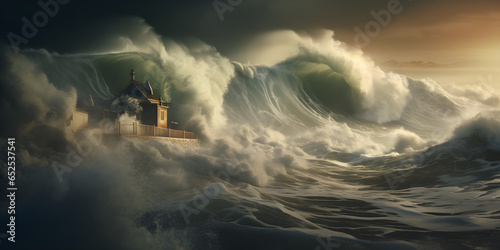 tidal wave crashing over house