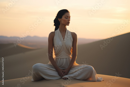 editorial film photo of a young white woman sitting in mindful meditating in nature by desert/sand for peace/clarity/mental wellbeing/balance magazine style photo