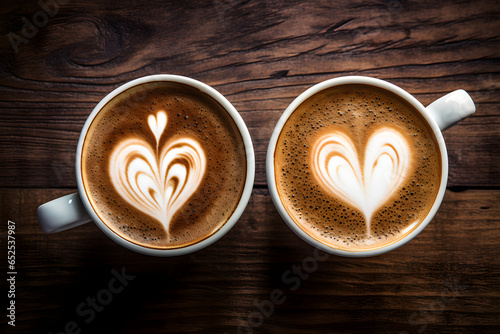 two cups of coffee with heart shape foam art decoration photo