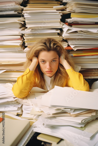 a young white woman looking tired/exhausted/overworked in office work place surrounded by piles of documents burned out depressed cinematic editorial film style