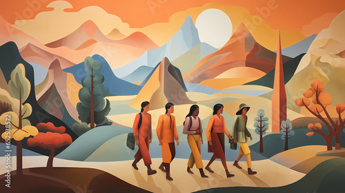 Simple illustration with simplistic shapes and five ( 5 ) people doing various actions with a mountain in the distance and trees and moon peaking over the mountain