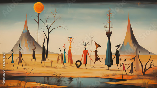Odd illustration painting of people like shapes in a field, very odd