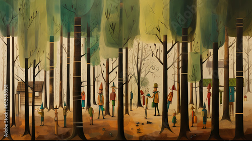 Illustration of a painting of a group in the forest amongst trees