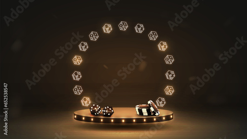 3d podium with neon frame of poker dice with chips in black and gold on a dark background. A concept for a casino.