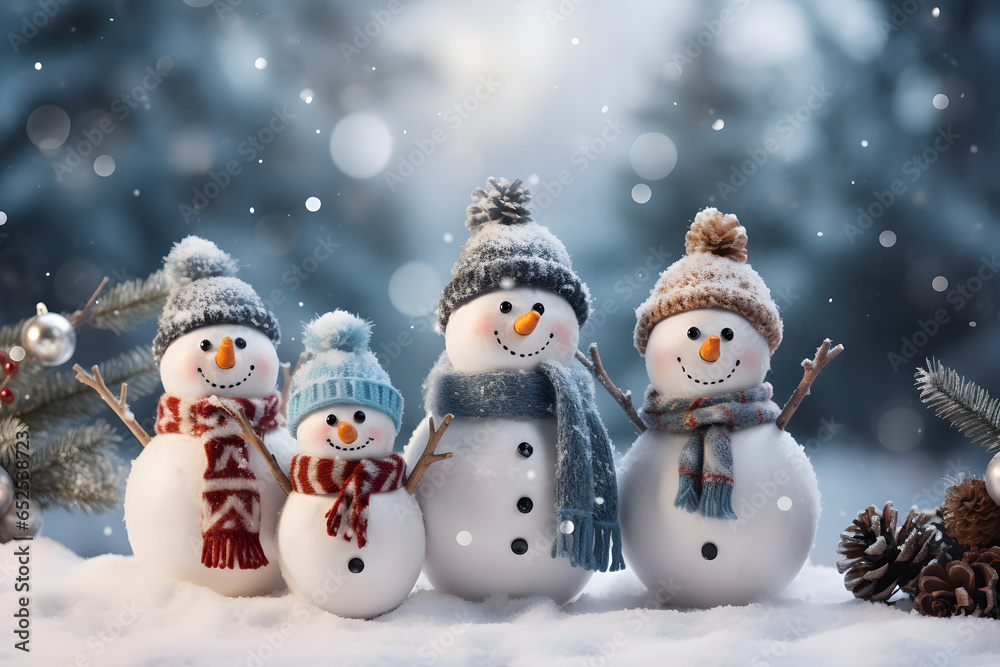 Merry Christmas and happy new year with row of snowmen in the winter landscape Merry Christmas and happy new year with row of snowmen in the winter landscape