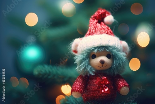 Cutest handmade knitted wool stuffed bear with Christmas tree decorations, fluffy and cuddly with friendly smile and adorable face, wholesome and joyous teddy toy celebrating special time of the year. photo