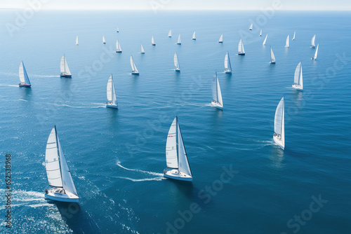 Beautiful sailboats sailing in a team on a sea of blue clarity was captured by an aerial drone © Brynjar