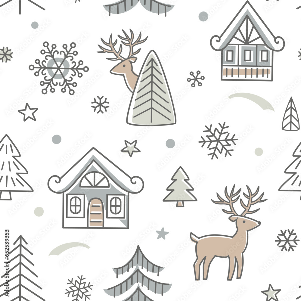 Reindeer and snowy houses seamless pattern. Christmas neutral pastel background. Northern winter style. Vector illustration.	