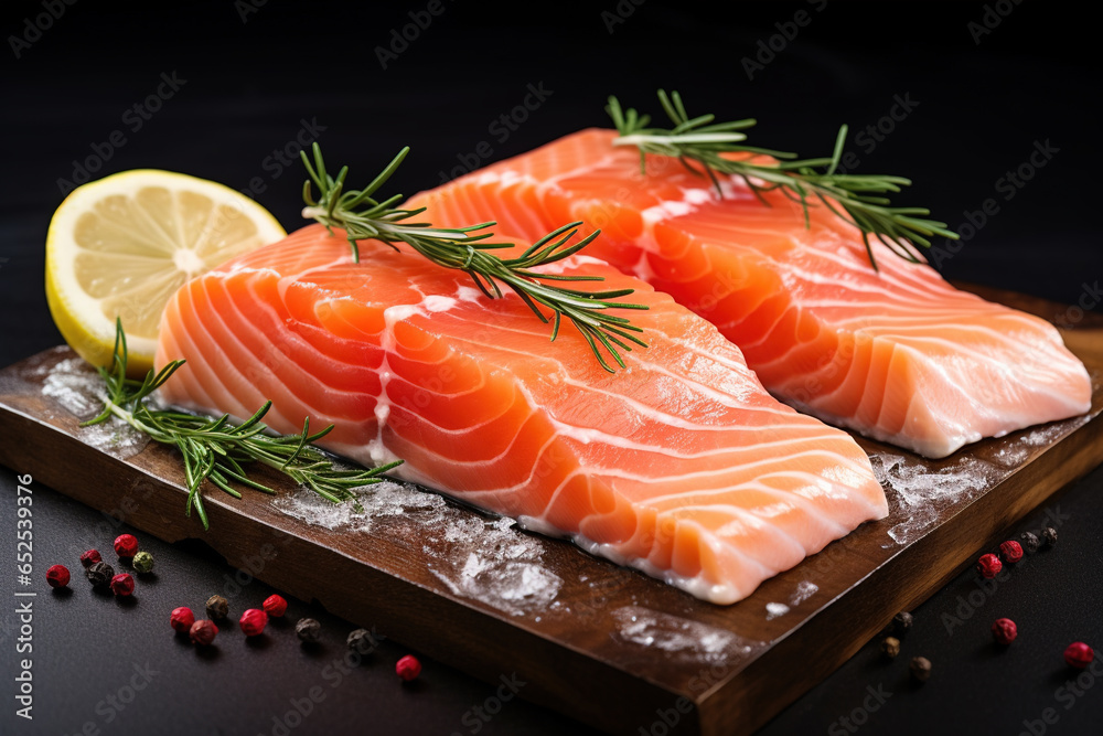 Raw, fresh Pacific salmon fillets garnished with rosemary, peppercorns, and lemon, showcasing a delicious and healthy seafood meal, isolated on a white background