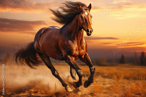 Powerful horse galloping across open field at dawn, capturing its strength and freedom, ideal for equestrian and nature lovers