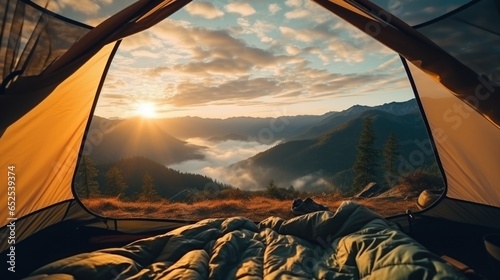 dramatic natural view in front of camping tent. 