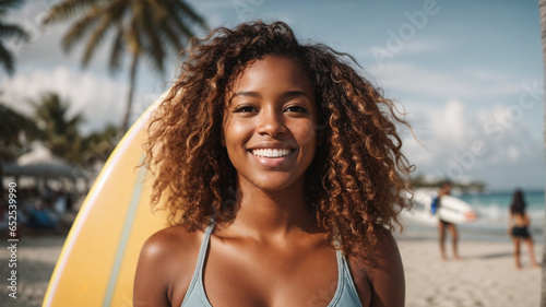 Young smiling African American surfer woman carrying her surfboard walking on the beach.