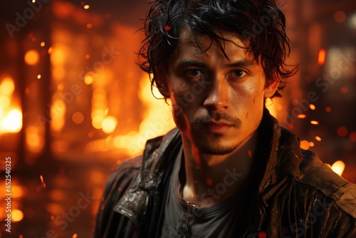 Smoldering Sensation: The Intense Gaze of a Handsome Man with a Burning Background